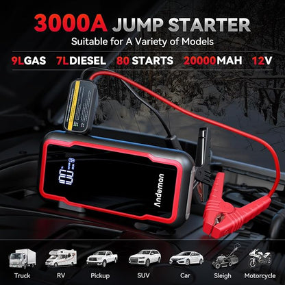Andeman Car Jump Starter 3000A Peak 20000mAh (Start 9L Gas Engine or up to 7L Diesel Engine) Battery Charger Automotive, 12V Car Jumper, Power Bank Power Pack with Quick Charge Type-C Ports, Red