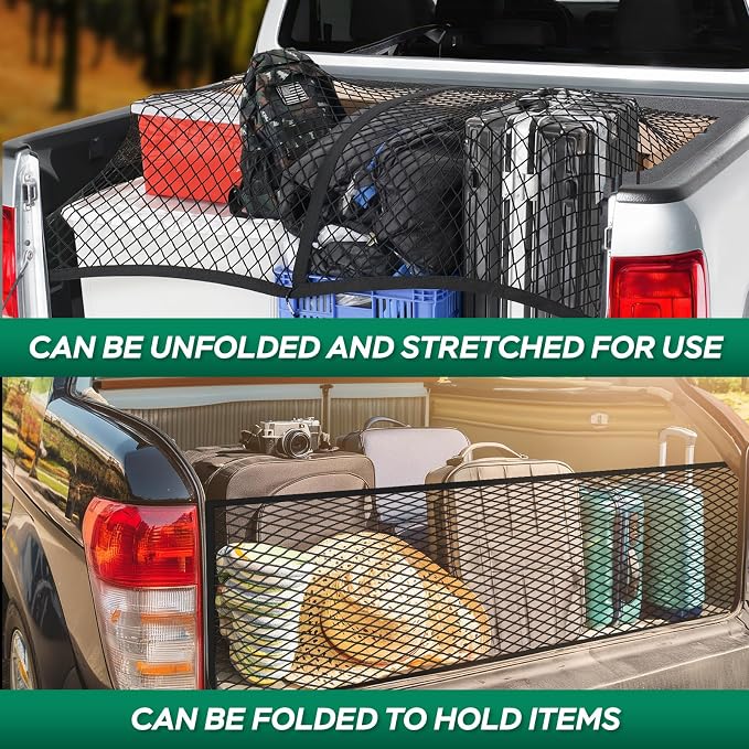 Heavy Duty Cargo Net for Pickup Truck Bed - 4' x 4' Stretches to 8' x 8' - Sturdy Latex Bungee Net Mesh - Truck Bed Accessories for Dodge RAM, Ford, Chevy, Toyota