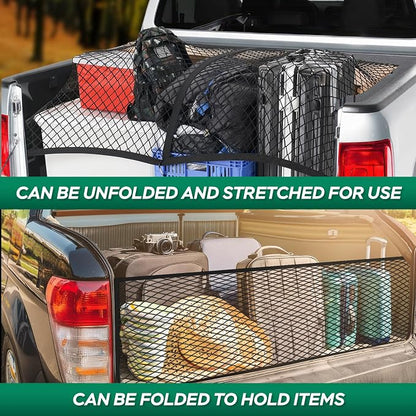 Heavy Duty Cargo Net for Pickup Truck Bed - 4' x 4' Stretches to 8' x 8' - Sturdy Latex Bungee Net Mesh - Truck Bed Accessories for Dodge RAM, Ford, Chevy, Toyota