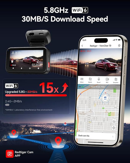 REDTIGER VC70 4K+2.5K Dash Cam Front and Rear, 8MP STARVIS 2 IMX678 Sensor, Dual HDR Hyper Night Clarity, 5.8GHz WiFi 6, 30MB/S Fast Download, Dash Camera with 24H Parking Monitor, 128G Card Included