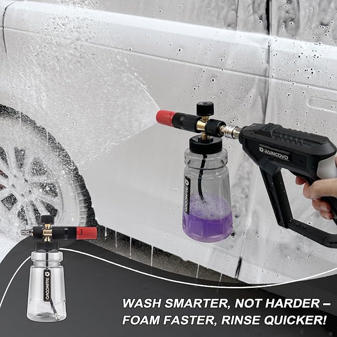 Raincovo Foam Cannon Wide Mouth for Pressure Washer, Thick Snow Foam Lance for Car Wash, Adjustable Soap Cannon with 1/4 Inch Quick Connector, Additional 1.1mm Orifice Nozzle