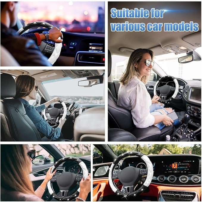 SuperKaKa Black and White Steering Wheel Cover, Auto Cute PU Diamond Bling Comfort Leather Car Interior Accessories Protector Sparkly Fit Most O-Shaped Steering Wheels