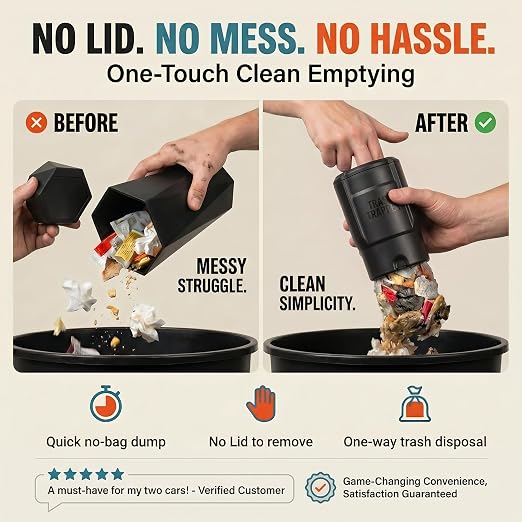 Trash Trapper Car Trash Can Cup Holder | Mini Car Trash Can | Fits in Most Doors | 5.1" x 2.9" | Traps More & Empties Less, Patent-Pending Compaction, Holds Weeks of Small Garbage, Black/Teal
