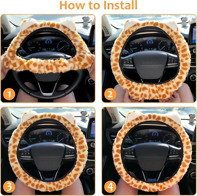 Accmor Fuzzy Leopard Print Car Steering Wheel Cover Women Car Accessories | Soft Furry, Non-Slip, Elastic Steering Wheel Covers, Universal 15 Inch Fit Auto, Suvs, Truck