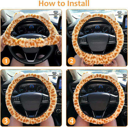 Accmor Fuzzy Leopard Print Car Steering Wheel Cover Women Car Accessories | Soft Furry, Non-Slip, Elastic Steering Wheel Covers, Universal 15 Inch Fit Auto, Suvs, Truck