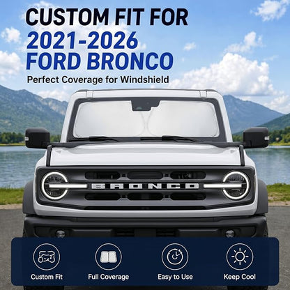 Custom Fit Windshield Sun Shade for Ford Bronco 2021-2026 | Custom Fit Windshield Cover, Blocks UV Rays, Double-Layer Heat Shield, Durable Frame, Easy Fold & Storage