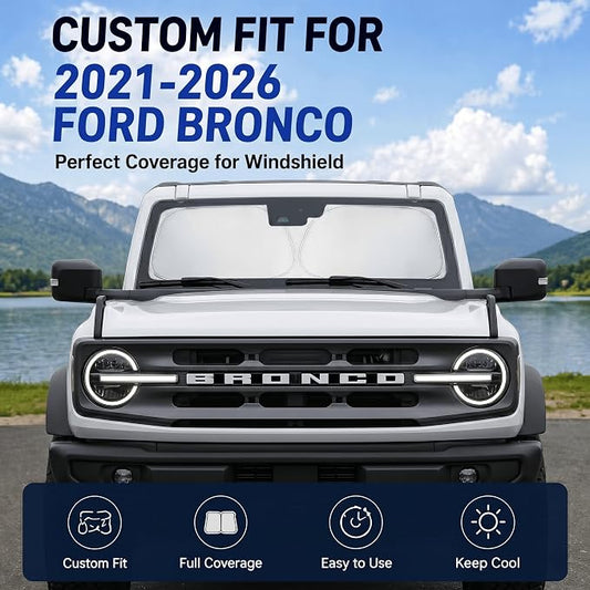 Custom Fit Windshield Sun Shade for Ford Bronco 2021-2026 | Custom Fit Windshield Cover, Blocks UV Rays, Double-Layer Heat Shield, Durable Frame, Easy Fold & Storage