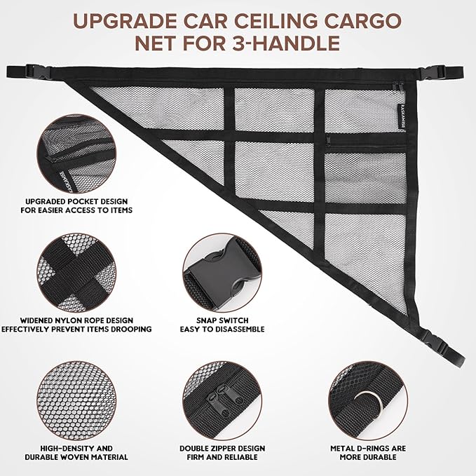 3 Handle Car Ceiling Cargo Net for SUV Roof Storage | Large 35.4" x 23.6" Perfect for road trips, camping, family travel and car organization,No tools required