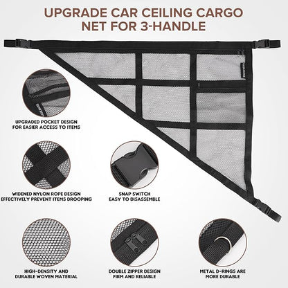 3 Handle Car Ceiling Cargo Net for SUV Roof Storage | Large 35.4" x 23.6" Perfect for road trips, camping, family travel and car organization,No tools required