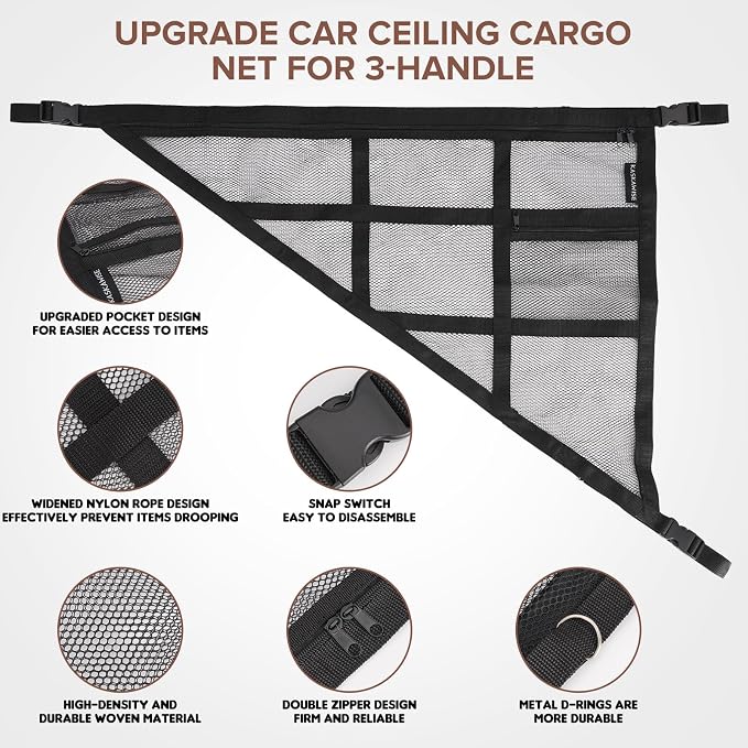31.5"x21.6" car Ceiling Cargo net for 3-Handle & 4-Handle Vehicles, Double-Layer roof Storage Organizer, mesh car Storage for Road Trips, Camping, SUV, Jeep, 4runner, Ford, Chevy
