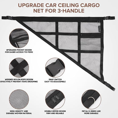 31.5"x21.6" car Ceiling Cargo net for 3-Handle & 4-Handle Vehicles, Double-Layer roof Storage Organizer, mesh car Storage for Road Trips, Camping, SUV, Jeep, 4runner, Ford, Chevy