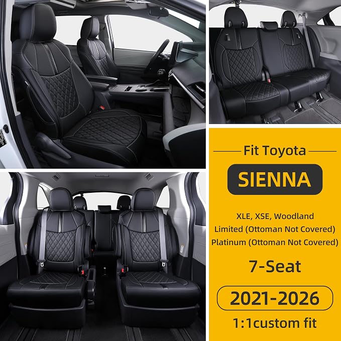 Custom Fit Sienna Seat Covers for 2021-2026 Toyota Sienna 7-Passenger XLE XSE Woodland Limited Platinum [Ottoman Not Covered], Waterproof Faux Leather Full Set Airbag Compatible (Black)