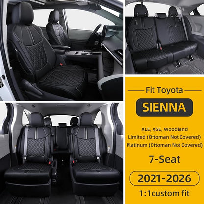 Custom Fit Sienna Seat Covers for 2021-2026 Toyota Sienna 7-Passenger XLE XSE Woodland Limited Platinum [Ottoman Not Covered], Waterproof Faux Leather Full Set Airbag Compatible (Black)