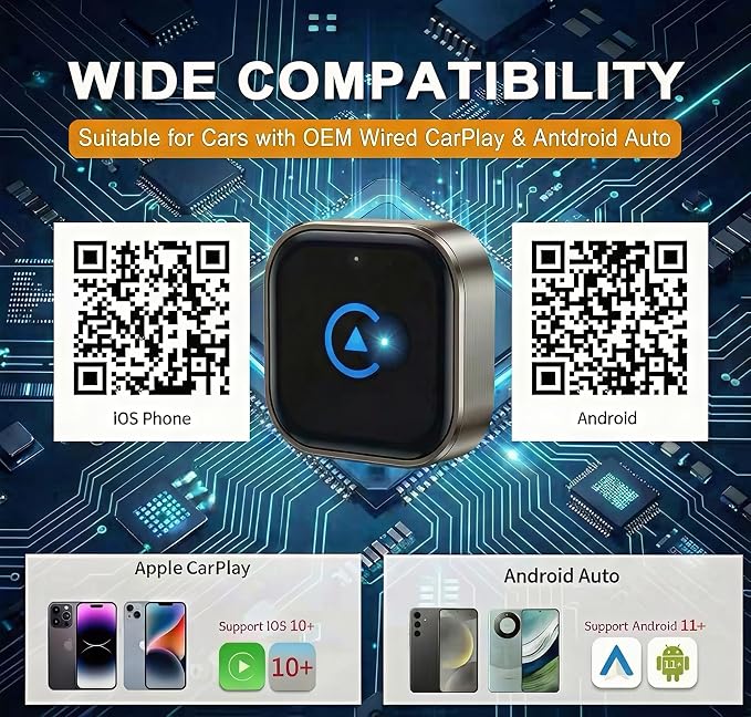 2026 MINI Wireless CarPlay & Android Auto 2-in-1 Adapter, Bluetooth Apple Car Play Dongle for iPhone & Android, Ultra-Compact 5.8GHz WiFi Auto-Connect with Smart Cooling for OEM Wired Cars