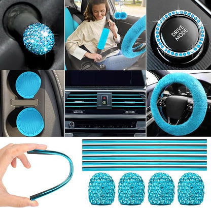 ROCEEI 43 Pcs Car Seat Cover Full Set for Women Christmas Fuzzy Car Accessories Fluffy Steering Wheel Cover Front Rear & Belt Handbrake Shift Accessory for Winter (Lake Blue)