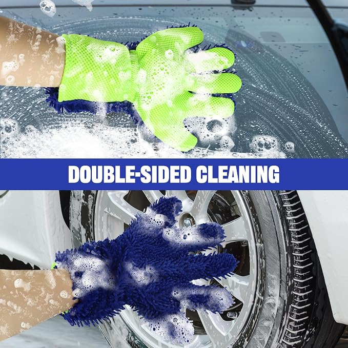 2PCS Car Wash Mitt, 5 Finger Chenille Microfiber Cleaning Mitt for Cars, Scratch-Free Auto Washing Gloves, Car Interior Exterior Cleaning Gloves, Great for Hard-to-Reach Areas (Blue)