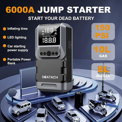 Jump Starter with Air Compressor, 6000A 150PSI Car Battery Jump Starter (10.0 Gas/8.0L Diesel) Battery Jumper Starter Portable 12V Jump Box with Jumper Cables, LED Light, LED Display
