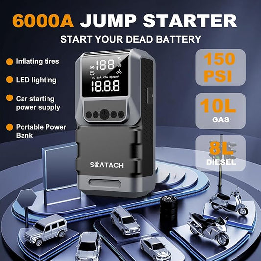 Jump Starter with Air Compressor, 6000A 150PSI Car Battery Jump Starter (10.0 Gas/8.0L Diesel) Battery Jumper Starter Portable 12V Jump Box with Jumper Cables, LED Light, LED Display