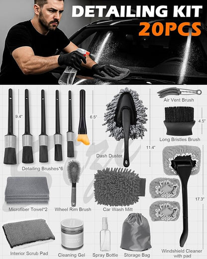 20Pcs Windshield Cleaner Tool - Car Interior Detailing Brush Kit with 200g Cleaning Gel, Microfiber Car Wash Mitt, Dash Duster & 2-Sided Scrubber, All-in-One Inside Car Cleaning Supplies Tool