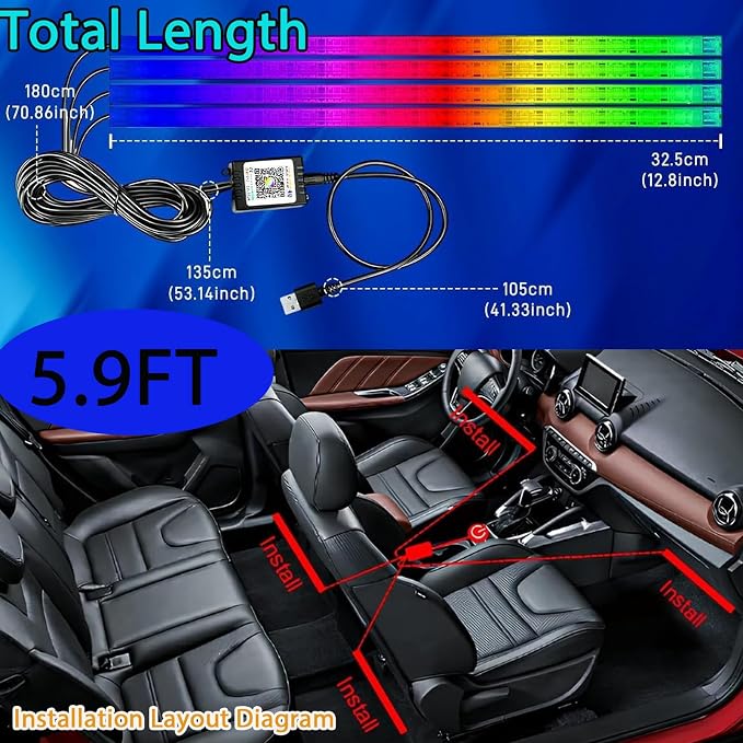 STONEBANKS 5.9FT Car LED Strip Lights, 72LEDs Smart RGB Car Interior Lights with APP & Remote Dual Control, Multicolor Music Sync, Mic Mode 4-in-1 Lines Design LED Lights for Car Decor
