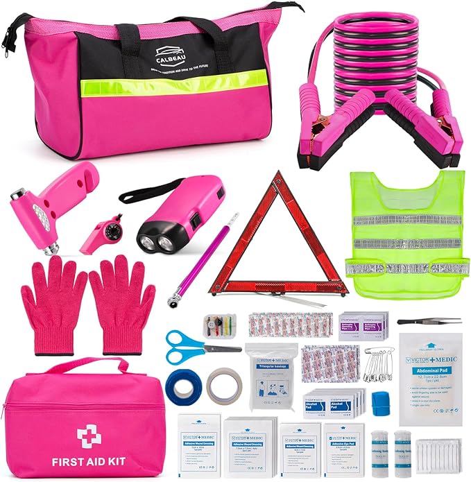CALBEAU Roadside Emergency Car Kit for Vehicles, Pink Emergency Roadside Assistance kit with Car First Aid Kit, Thoughtful Car Emergency Kit for Women, Men, New Drivers and Adventurers Gifts
