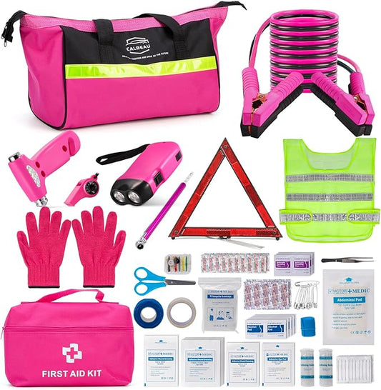 CALBEAU Roadside Emergency Car Kit for Vehicles, Pink Emergency Roadside Assistance kit with Car First Aid Kit, Thoughtful Car Emergency Kit for Women, Men, New Drivers and Adventurers Gifts