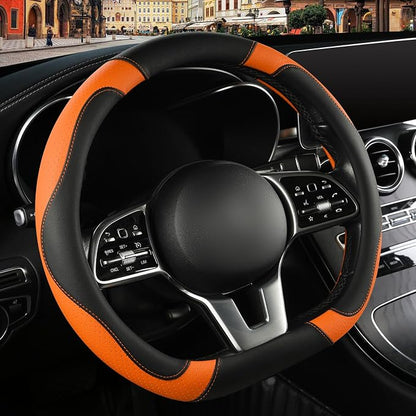 Microfiber Leather D Shaped Steering Wheel Cover, Breathable, Anti Slip, Universal 15 inch, Black with Orange