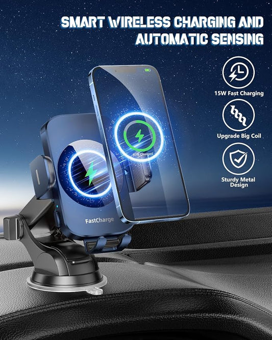 BothLin 3-in-1 Wireless Car Charger Mount, 15W Fast Charging Auto-Clamping Phone Holder for iPhone 17 16 15 14, Samsung Galaxy S24 S23, Dashboard, Vent & Windshield Car Mount(Deep Blue)