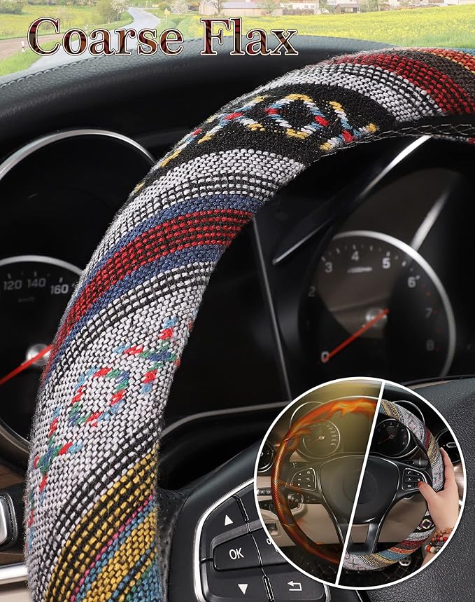 SEG Direct Boho Steering Wheel Cover with Baja Blanket Cloth, Ethnic Style Auto Wheel Cover Made of Coarse Flax, Fits 14 1/2-15 1/4 inches Car Wheel