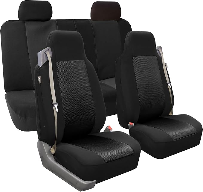 FH Group FH-FB302114 All Purpose Flat Cloth Car Seat Covers Solid Black Color with F11306 Vinyl Floor Mats- Fit Most Car, Truck, SUV, or Van