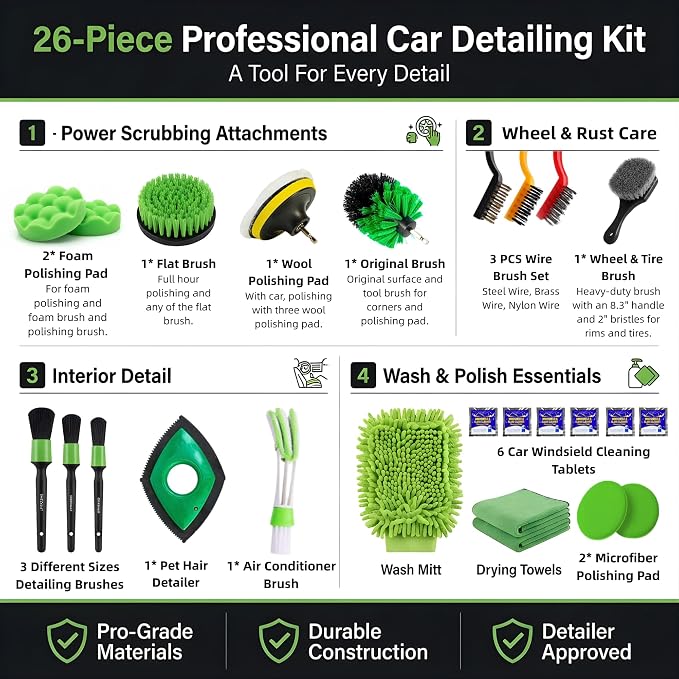 26Pcs Car Detailing Kit – Car Cleaning Kit, Drill Brush for Car Seats Detailing, Car Detailing Brush Set, Car Cleaning Supplies, Car Wash Mitt, Car Wash Brush, Car Wash Sponges, Wheel Brush