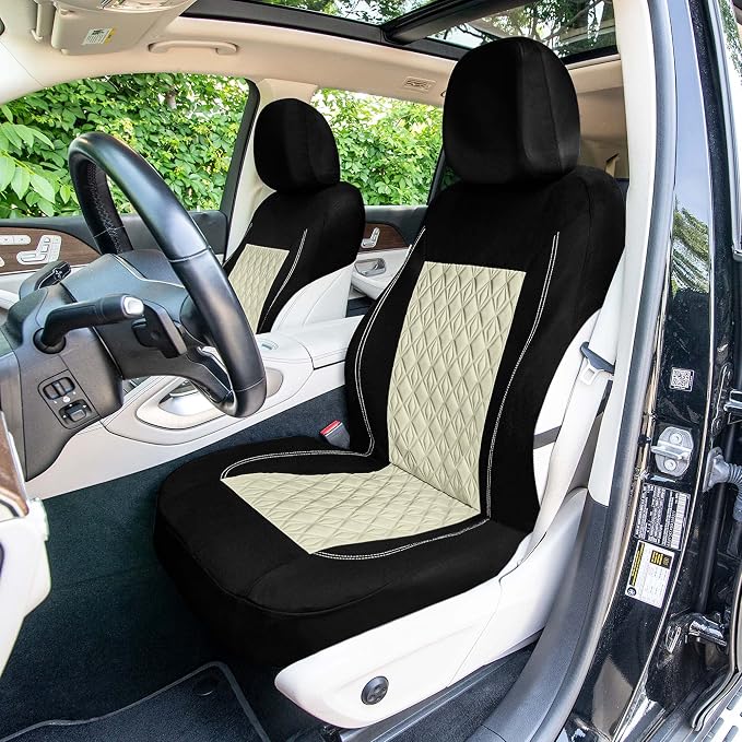 Universal Fit Diamond Stitched Flat Cloth Car Seat Covers Full Set - Beige