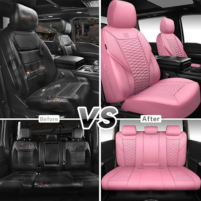 CAR PASS 3D Foam Mesh Leather Car Seat Covers Full Set, Pink Breathable Mesh Faux Leather Seat Covers for Women, Universal Fit for Car SUV Truck Sedan Automotive, Armrest Airbag Compatible, All Pink