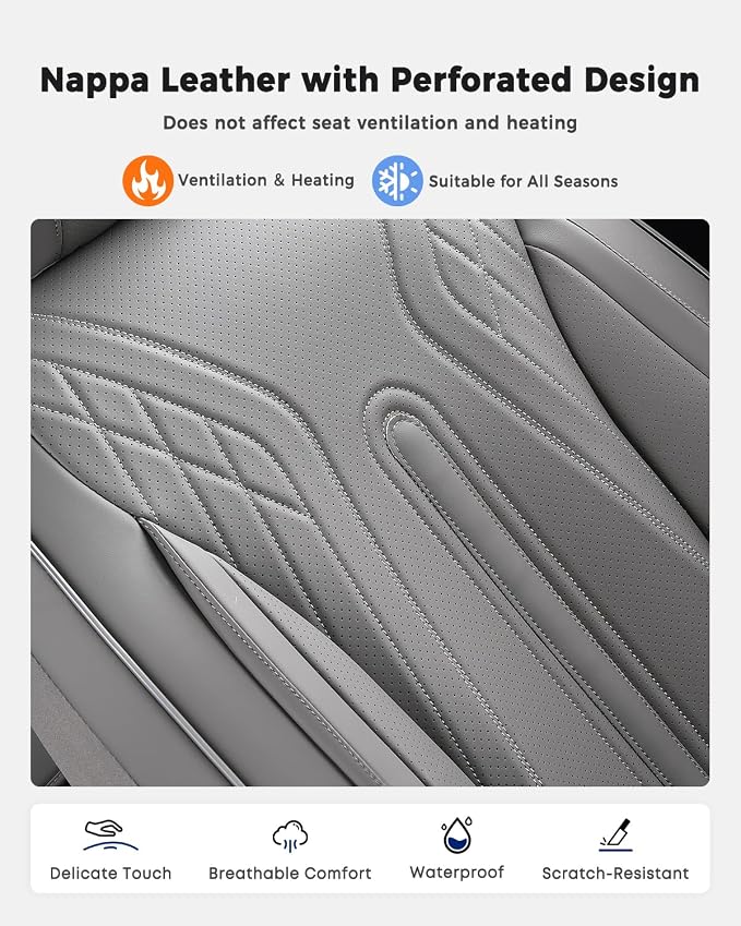 Huidasource Car Seat Covers Full Set, Universal Fit for Most Cars SUV Trucks, Full Coverage Nappa Leather Seat Cover, Airbag, Cupholder Compatible, Velcro Adjustable, Seat Function Retain, Gray