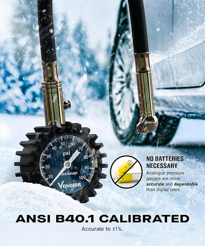 Vondior Tire Pressure Gauge (0-100 PSI) - Certified ANSI B40.1 Tire Gauge for Cars and Trucks, Large 2" Glow Dial Easy-Read Tire Gauges for Tire Pressure Car Accessories