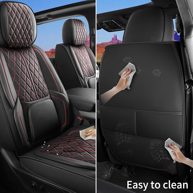 Custom Fit Chevy Silverado GMC Sierra 1500 2007-2026 2500/3500 HD Crew Cab Full Set Car Seat Covers - 5 Pack, Premium Faux Leather Truck Seat Protector with Airbag Compatible Design, BlackRedLine