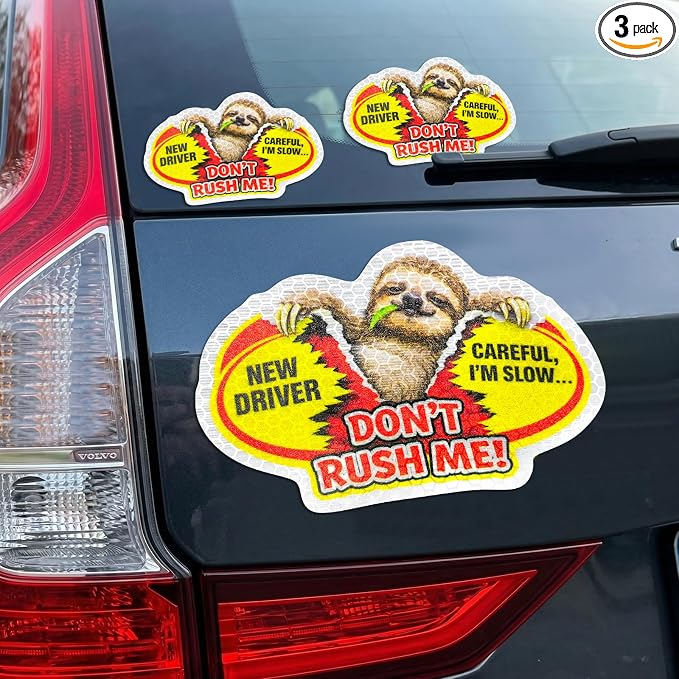 3 Pcs Reflective Student Driver Magnet and Stickers Set - Funny Animal New Driver Safety Signs for Car, Waterproof & Weatherproof High Visibility Vehicle Bumper Decals, Magnet + Stickers (Sloth)