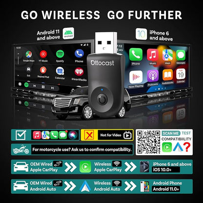 OTTOCAST Mini 2025 Wireless CarPlay & Android Auto 2-in-1 Adapter, Fast Stable Connection, Plug & Play for iPhone & Android Devices (Black)