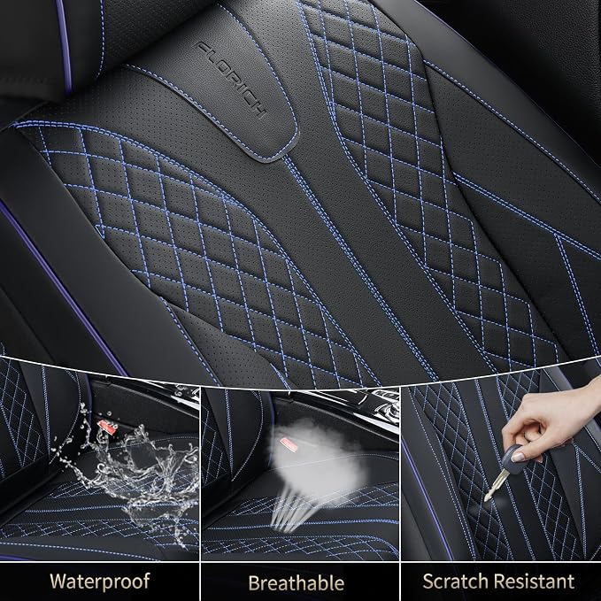 FLORICH Automotive Car Seat Covers Front Seat, Leather Car Seat Cover 2 Pack Waterproof Front Seat Covers Full Coverage Driver Seat Protector Universal Fit for Most Cars SUV Trucks, Black&Blue Line