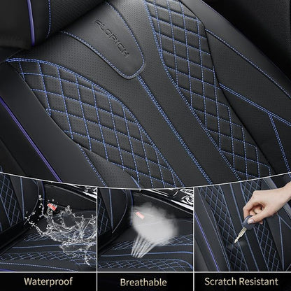 FLORICH Automotive Car Seat Covers Front Seat, Leather Car Seat Cover 2 Pack Waterproof Front Seat Covers Full Coverage Driver Seat Protector Universal Fit for Most Cars SUV Trucks, Black&Blue Line