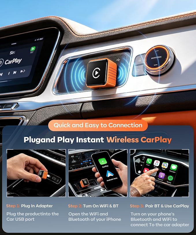Beyn Wireless CarPlay Adapter for iPhone & Android - Convert Wired to Wireless CarPlay & Android Auto - Dual-Band Zero Latency for iOS 10+ & Android 11+, Fits 2016+ Wired Cars