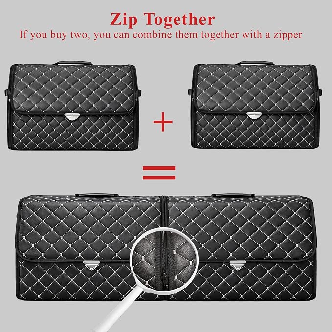 Leather Trunk Organizer with Lid for Suv and more, Foldable Car Organizer, Car Organizers and Storage with Pockets, Non-Slip Design (White-Black)