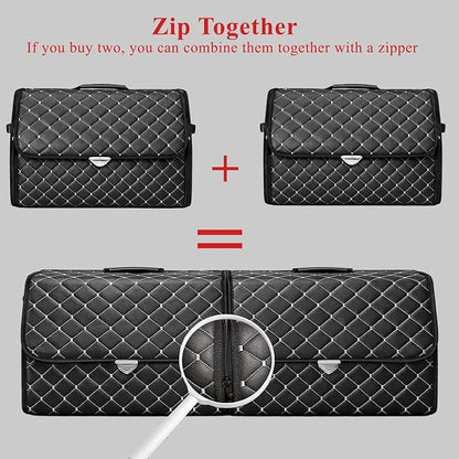 Leather Trunk Organizer with Lid for Suv and more, Foldable Car Organizer, Car Organizers and Storage with Pockets, Non-Slip Design (White-Black)