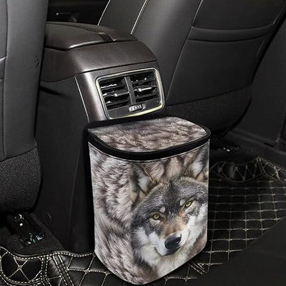 Talayituse Wolf Print Car Trash Can with Lid, Leak Proof Auto Trash Bag Hanging Vehicle Garbage Can Multipurpose Storage Container for Back Seat Road Trip