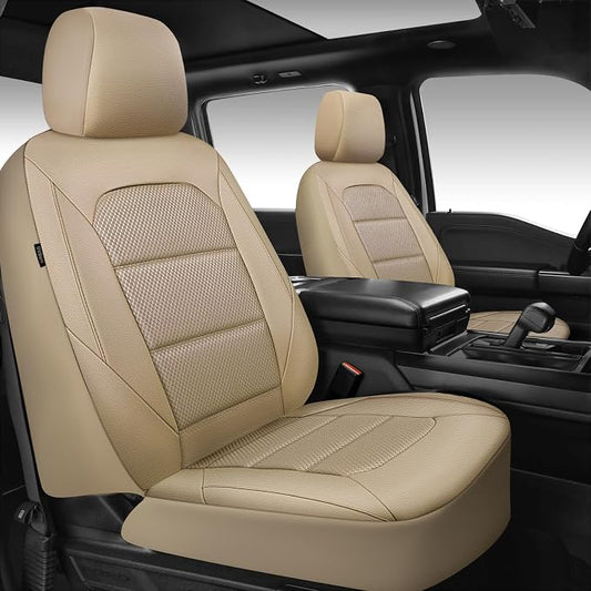 CAR PASS Memory Foam Car Seat Covers,Air Cool Mesh Thick Seat Covers Front Seats,Beige Leather Seat Cover for Car,Universal Automotive Comfort for Most Cars,SUV,Trucks,Airbag Compatible,All Beige