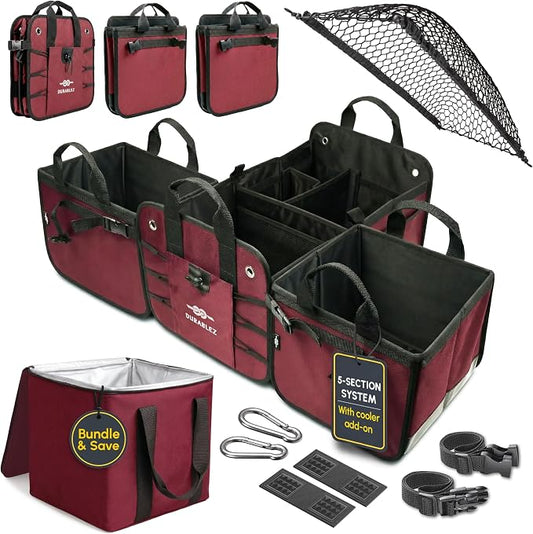 5-Section Trunk Organizer for SUV, Truck, Sedan, Van – Modular Extra Large Cargo Storage Bin, Detachable Car Trunk Organizer with Dividers, Collapsible Auto Organization System – Cherry Red