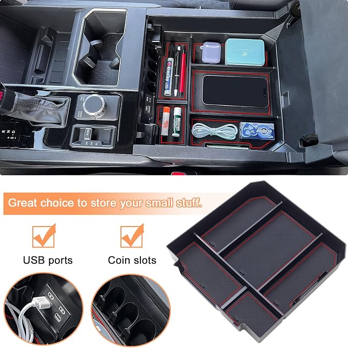 TOPINSTALL Red Full-Size Console Tray Compatible with 2022-2026 Toyota Tundra / 2023-2026 Sequoia Accessories Armrest Storage Box Tray with Anti-Slip Inserts (Not for the Console with Safe)