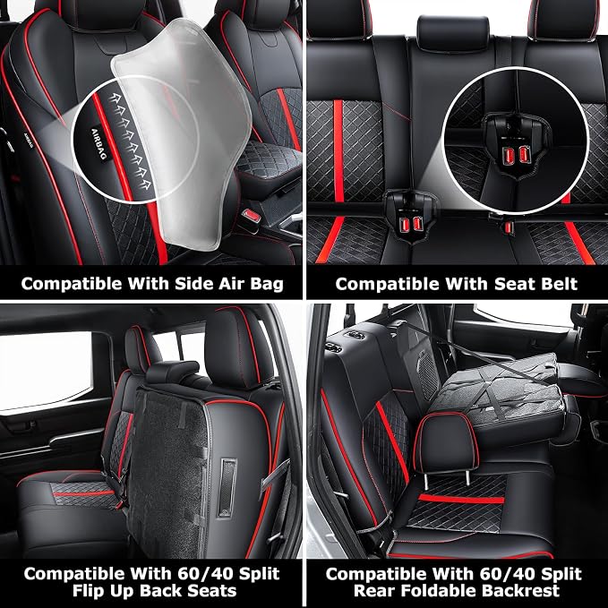 Carlimeki Leather Seat Covers Custom Fit for Tacoma Gen 4th (2024-2026) Double Cab, for SR, SR5, TRD PreRunner, TRD Sport, TRD Off-Road, Limited, Trailhunter - Armrest Covers Included - Fully Covered
