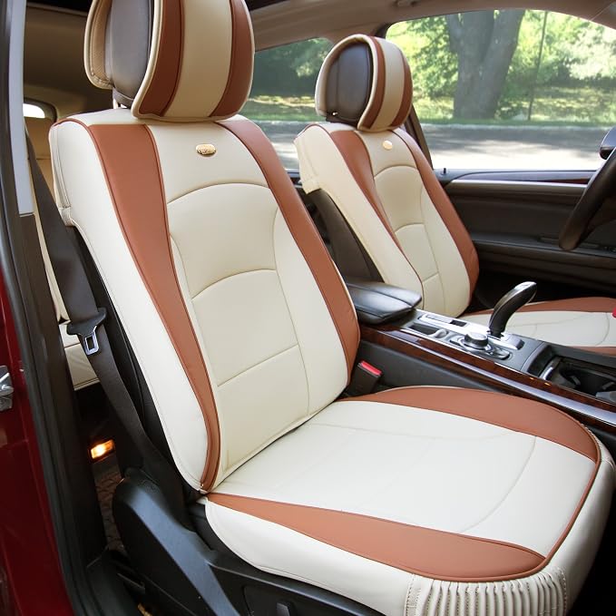 FH Group Ultra Comfort Highest Grade Faux Leather Full Set Cushion Pads Car Seat Covers for Front and Rear– Universal Fit for Cars Trucks & SUVs (Beige/Tan)