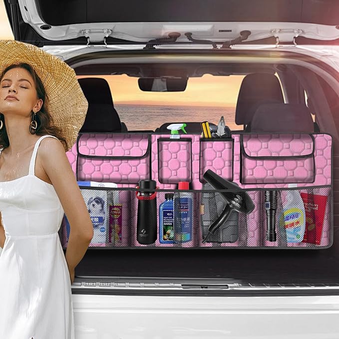 Car Trunk Organizer, Super Capacity Backseat Car Organizer for SUV/Truck/MPV(42"*18"), Hanging Car Storage Organizer with 8 Pocekts, Car Accessories for Women and Men- Pink